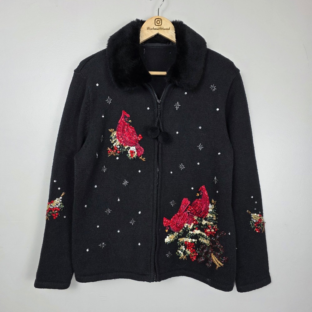 Tiara International Black Cardinal Sequin Beaded Zip Up Sweater Faux Fur Collar